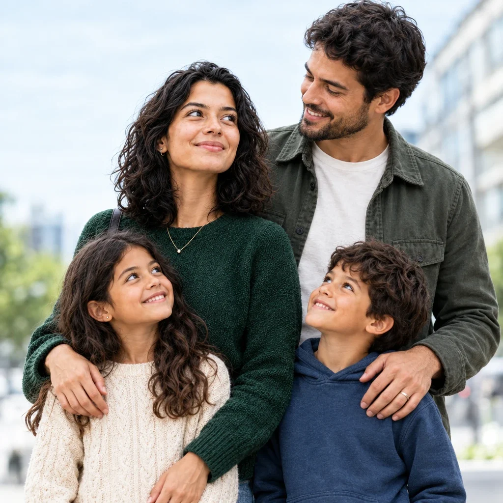 A family of four standing together outside, smiling